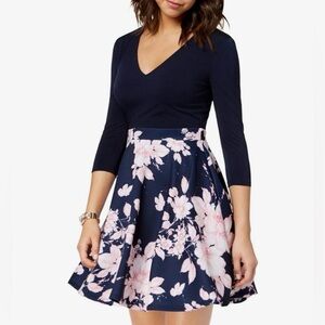 Womens Juniors Floral Print Fit & Flare Mini Dress Navy Size 9